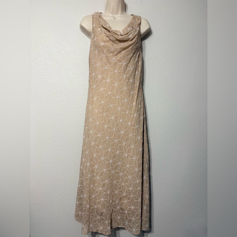 Beautiful Silk Cowl Neck Sleeveless Tan Champagne Color Geometric Print Midi 8